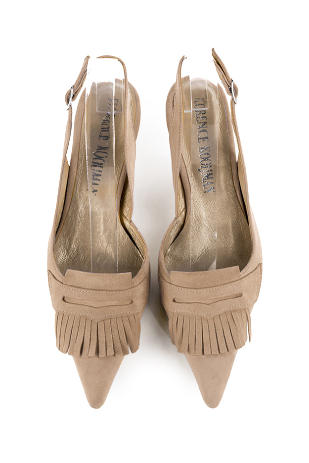 Tan beige women's slingback shoes. Pointed toe. Medium spool heels. Top view - Florence KOOIJMAN